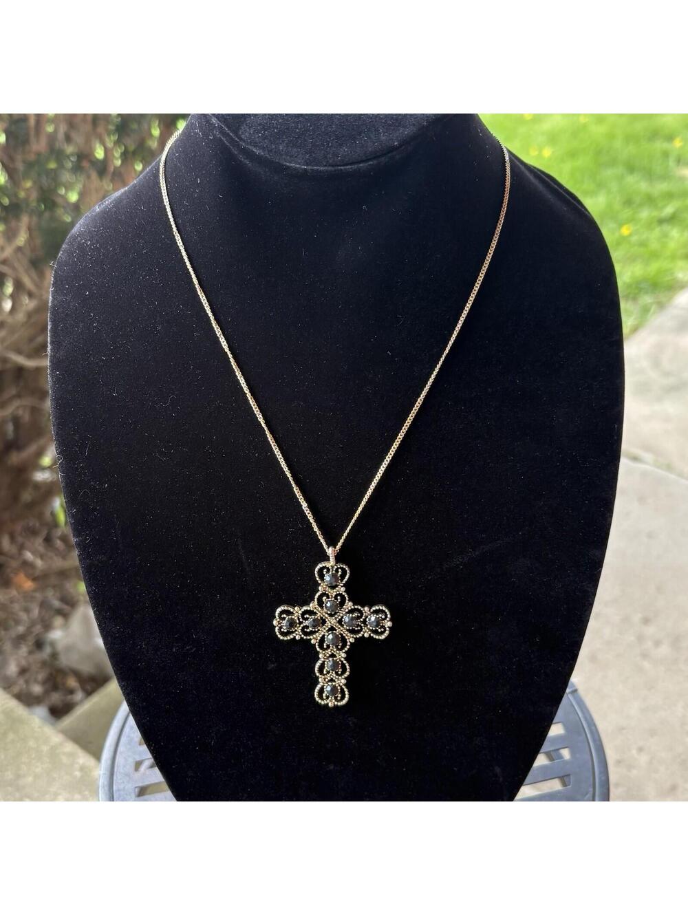 Vintage Style Gold Tone Black Rhinestone Filigree Cross Pendant Necklace